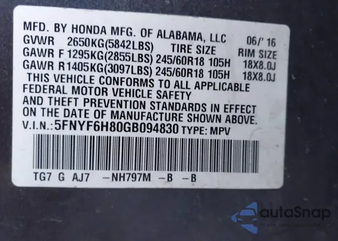 2016 Honda Pilot Ex-L z USA, uszkodzony, nr VIN 5FNYF6H80GB094830